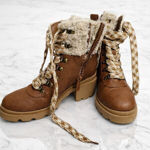 Circus Sam Edelman Brown Combat Boots Warm Faux Fur Rubber Sole Lace & Zip Up 9